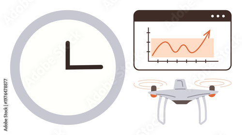Business analytics, technology trends, remote monitoring, AI integration, time optimization, performance analysis. Clock, graph and quadcopter . Time management and technology trends focus