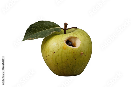 Green apple showing decay with wormhole representing spoiled fruit, food waste, and poor harvest on transparent background