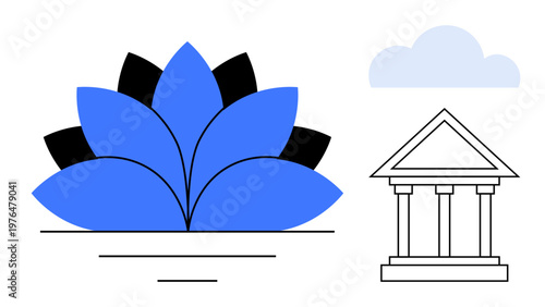 Wellness, spirituality, nature, mindfulness, cultural heritage, architecture. Blue lotus flower and a classical building outline with a cloud. Spirituality and cultural heritage concept