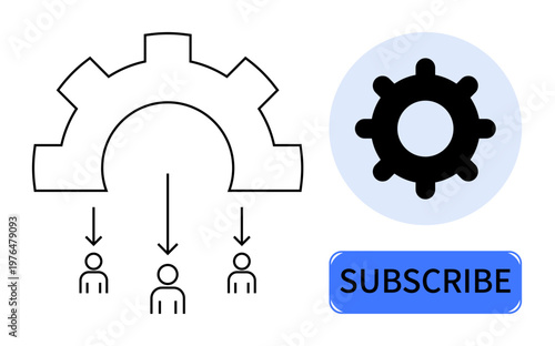 Subscription model. Gear-driven workflow system automation and user distribution process. Subscription highlights user acquisition and engagement. For business, marketing, automation, subscriptions