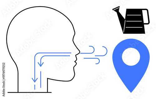 Healthcare education, anatomy, biology, respiratory system, navigation, hydration. Silhouette of a human head with airflow arrows, a watering can and a location pin. Healthcare education and anatomy