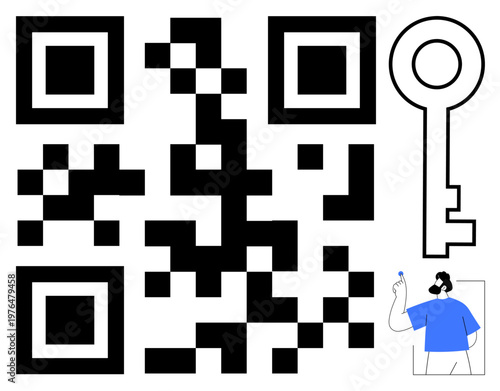 Digital access, data security, authentication, encryption, technology, modern connectivity. QR code alongside a key icon and a person holding an item. Digital access and data security concept