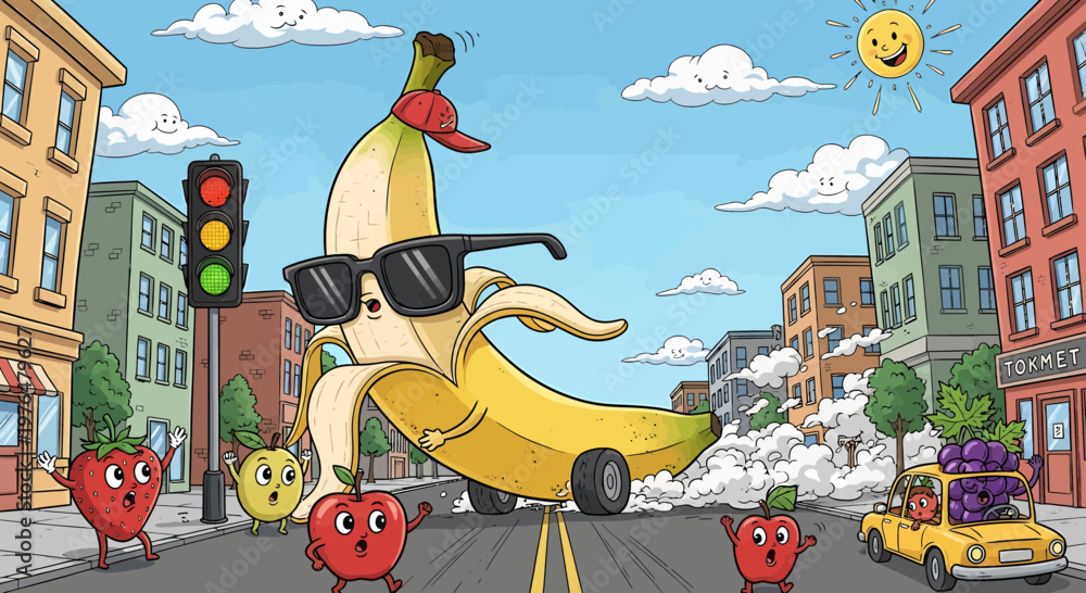 Naklejka premium Cool Banana Character Driving Car in City.