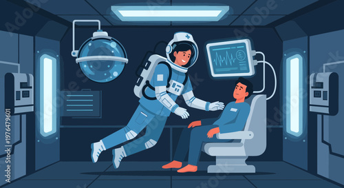 Astronaut tending to patient in futuristic medical bay 1.