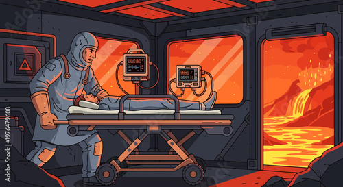 Astronaut tending to patient on gurney in futuristic medical bay.