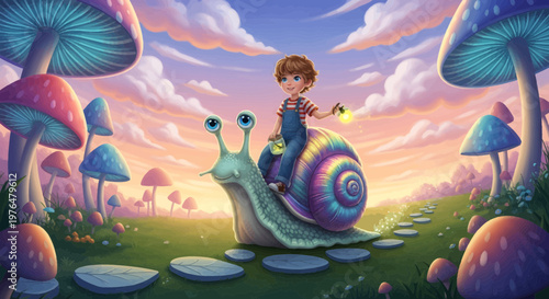 Boy riding giant snail fantasy illustration.