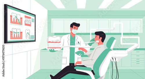 Dentist Explaining Dental Health to Patient in Clinic.