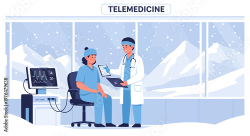 Doctor and patient using telemedicine in a snowy mountain setting.