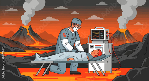 Doctor Cares for Patient Amidst Volcanic Eruption.