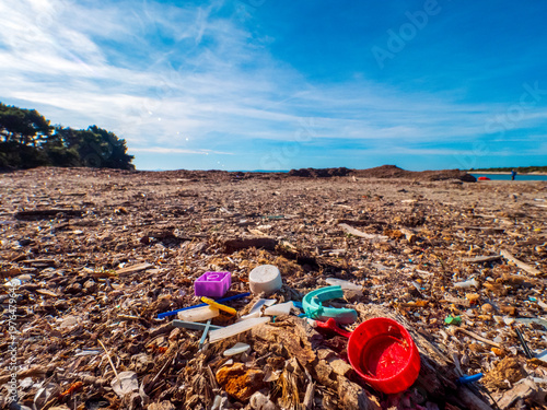 Plastic waste on beautiful beach