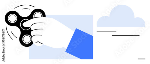 Stress relief, focus tool, relaxation, mindfulness, creativity, productivity. Hand holding spinning fidget spinner with abstract blue shapes and cloud details. Stress relief and focus tool concept