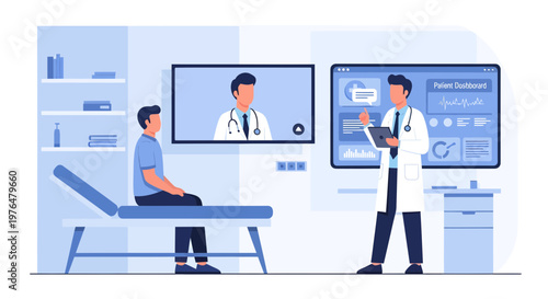 Doctor consulting patient via video call in modern clinic.