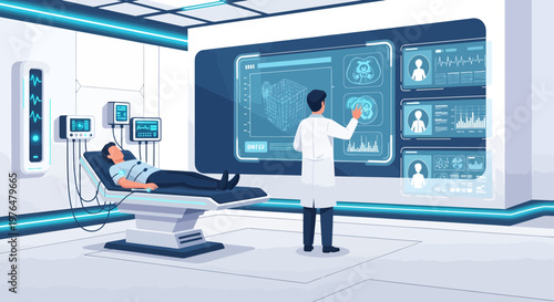 Doctor examining patient on futuristic medical bed with advanced technology.