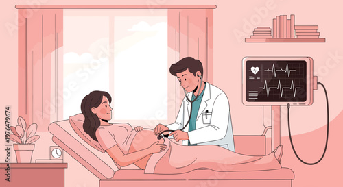 Doctor examining pregnant woman with ultrasound machine.