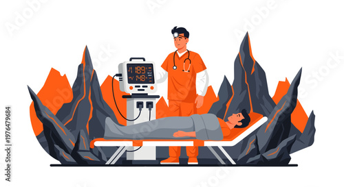 Doctor monitoring patient on medical bed with equipment.