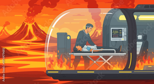 Doctor tending to patient inside futuristic medical pod.