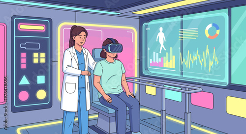 Doctor Supervising Patient Using Virtual Reality Technology.