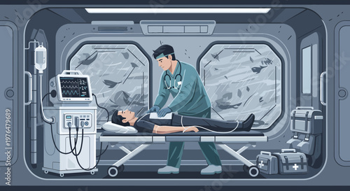 Doctor tending to patient in futuristic medical bay.