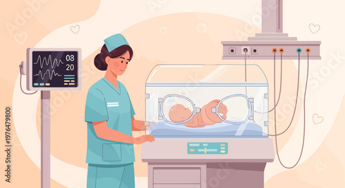 Nurse caring for newborn baby in incubator with medical equipment.