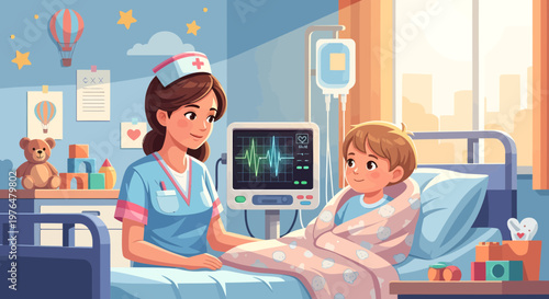 Nurse caring for sick child in hospital room.
