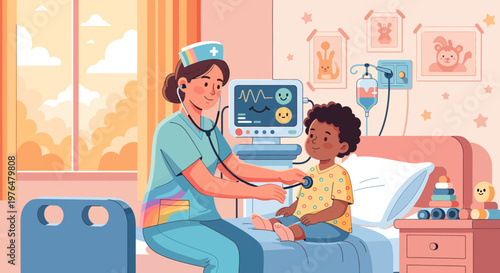 Nurse examines young boy in hospital room.