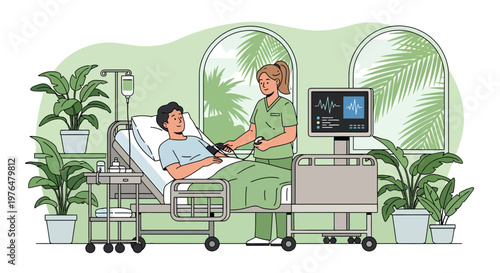 Nurse examining patient with medical equipment in hospital room.