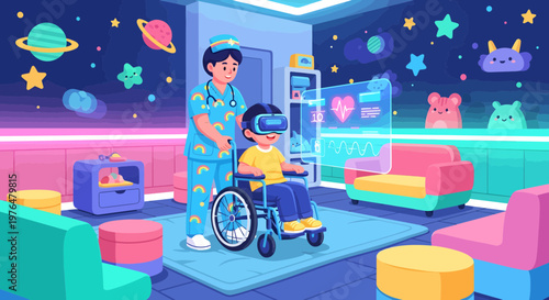 Nurse helps child in wheelchair experience virtual reality.