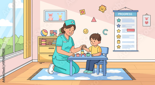Nurse teaching a child with educational toys.