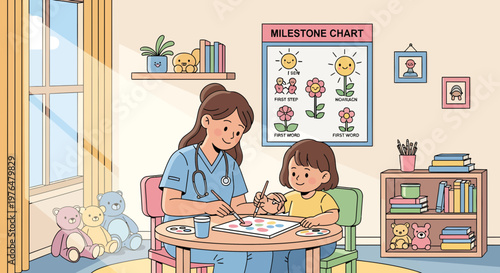 Nurse teaching a young child at a table.