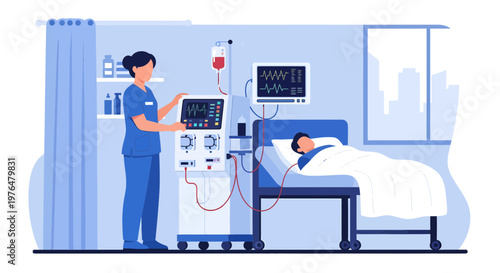 Nurse tending to patient on dialysis machine in hospital room.