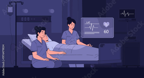 Nurses caring for patient in hospital room with medical equipment.