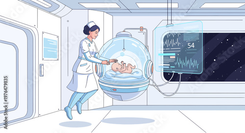 Nurse tending to baby in futuristic space pod.