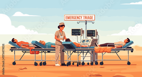 Nurse Tending To Patients On Stretchers In Emergency Triage Area.