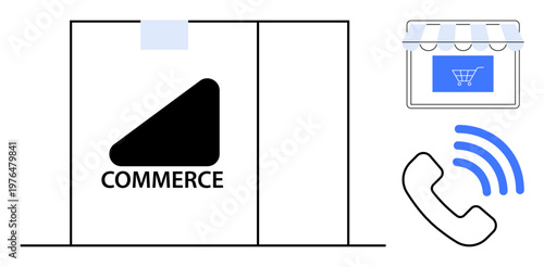 E-commerce, digital communication, online shopping, retail services, business technology, marketing. Storefront with commerce logo, shopping cart phone icon. E-commerce and digital communication