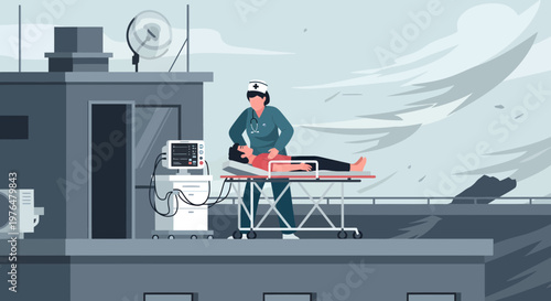 Paramedic tending to patient on rooftop stretcher.