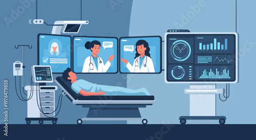 Patient receiving remote medical consultation via advanced technology.