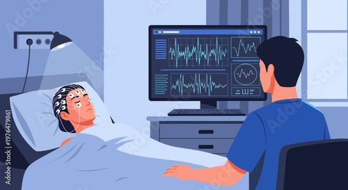 Patient undergoing EEG test with doctor monitoring brain activity.