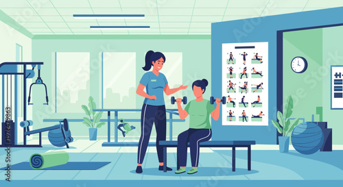 Personal trainer assisting woman with dumbbell workout.