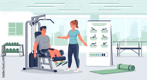 Personal trainer guiding man on leg extension machine.