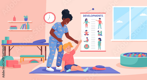 Physical therapist assisting a child with exercises.