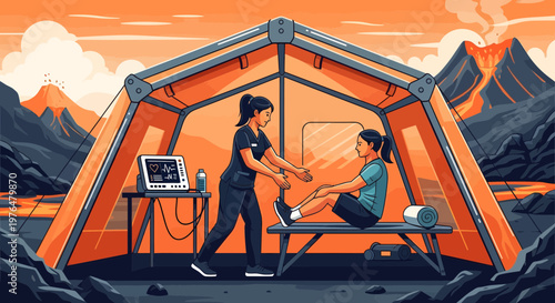Physical therapist assisting patient in outdoor medical tent.