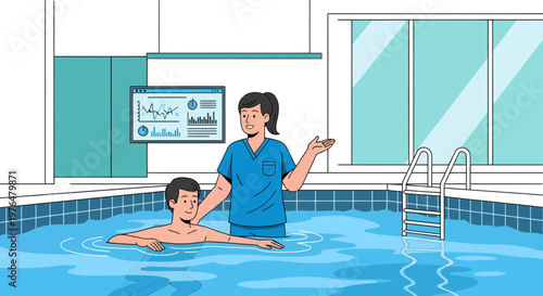 Physical therapist assisting patient in swimming pool for rehabilitation.