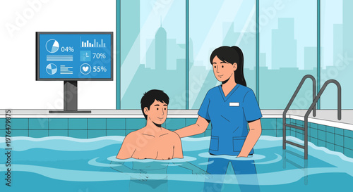 Physical therapist assisting patient in hydrotherapy pool.