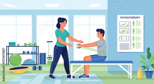 Physical therapist assisting patient with resistance band exercise 1.