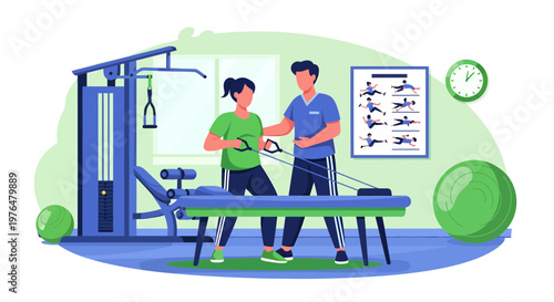 Physical therapist assisting patient with resistance band exercise.