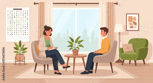 Psychologist and patient in therapy session discussing mental health.