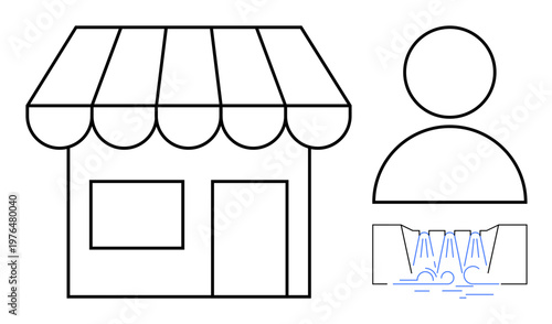 Small business, retail, online business, data processing, network flow, user management. A shop icon, an avatar and a data flow illustration. Small business and online data integration concept
