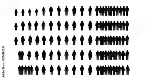 A minimalist depiction of numerous black silhouettes of people arranged in organized rows and clusters