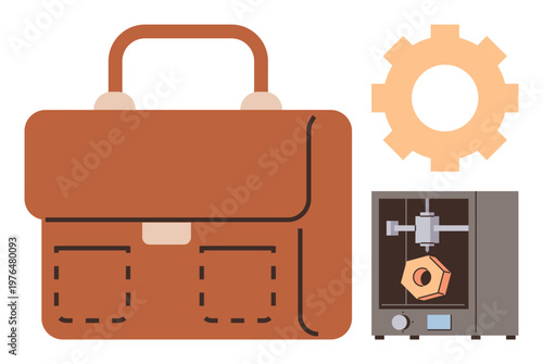 Product design, innovation workflows, business tools, engineering, manufacturing, technology. Brown briefcase, gear icon and 3D printer with shape. Product design and innovation workflows concepts