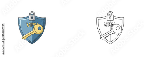 VPN security shield with padlock and key illustrations in cartoon and line styles with blue yellow grey colors representing cyber protection on white background
